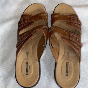 Clarks Wo size 12 Brown Leather‎ Comfort Sandals. FAUX BUCKLE HOOK LOOP STRAPS